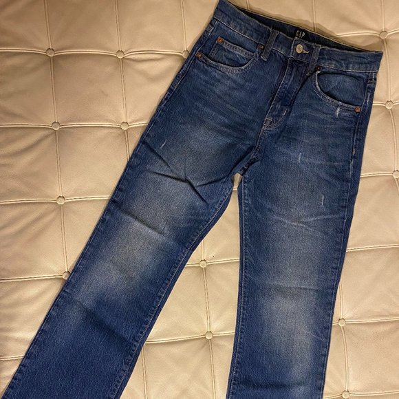 Gap Jegging, 0/25R, Dark Wash, Distressed, Ankle Length Flare, Raw Cut Hem - Picture 1 of 9